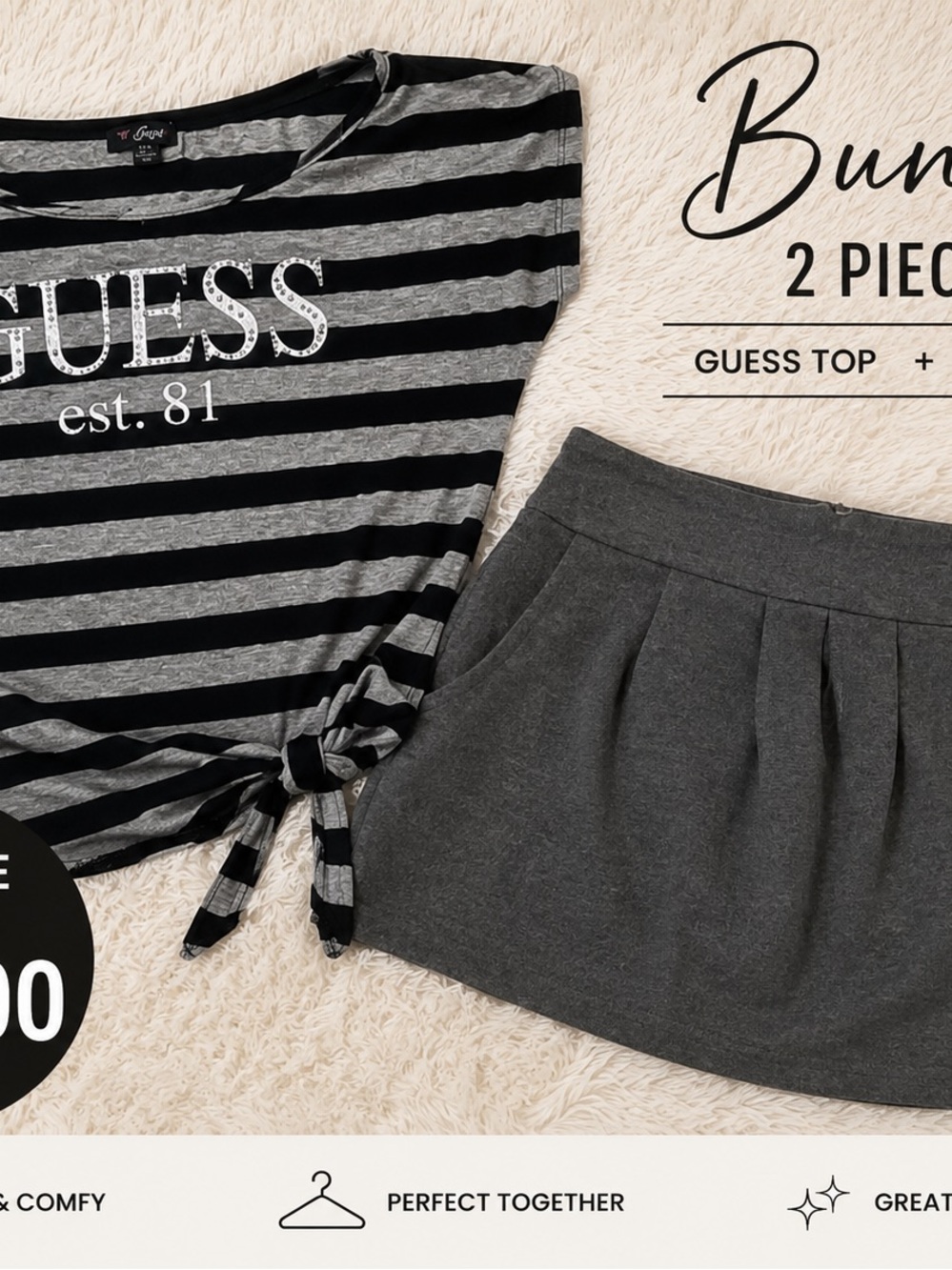 Guess Black and Gray Striped Tie-Front Top with Gray Skirt